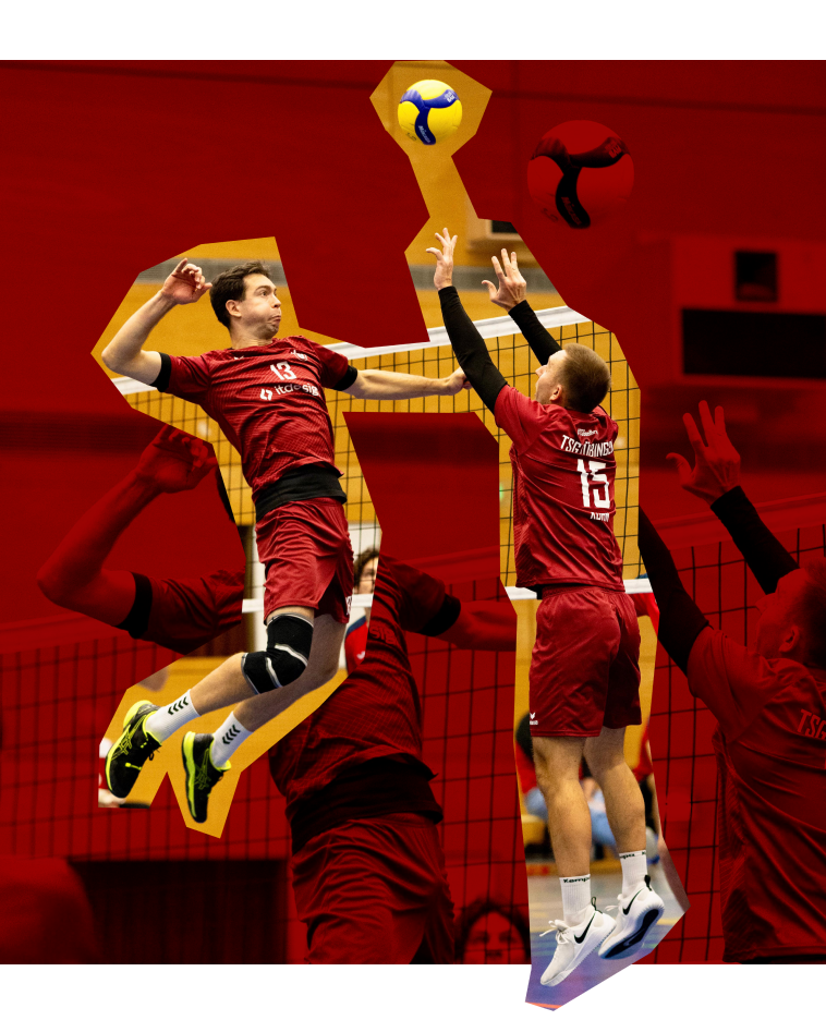Zwei Volleyballspieler in Aktion, einer springt zum Aufschlag, während der andere blockt.