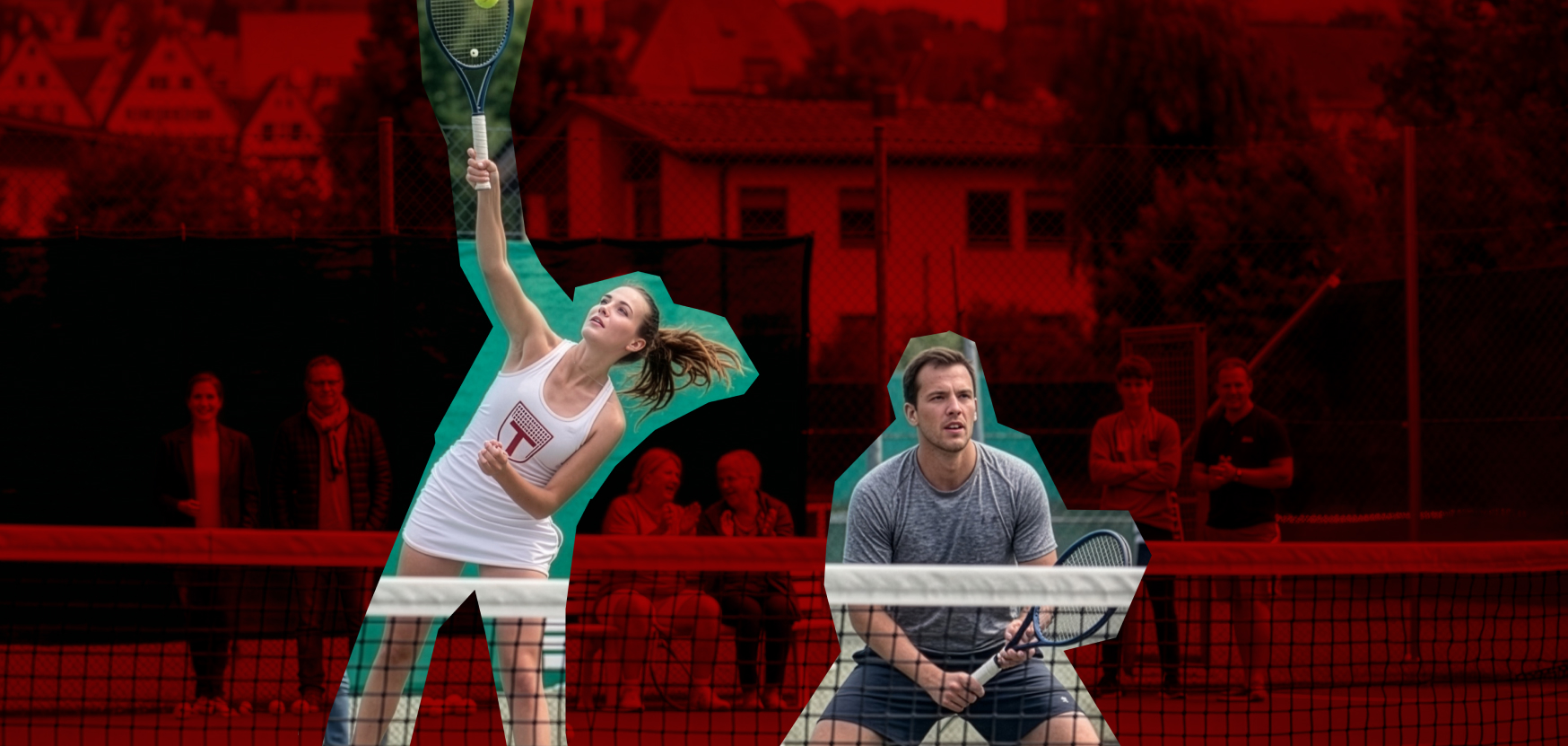 Zwei Tennis-Spieler auf einem Platz: Eine Frau schlägt den Ball am Netz, während ein Mann bereit ist, den Ball zu empfangen. Zuschauer sind im Hintergrund sich…