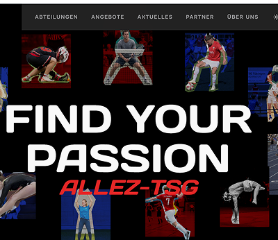 handschriftlichen Zusatz „ALLEZ TSG“. Im Hintergrund sind verschiedene Sportler auf dunklem Grund zu sehen.
