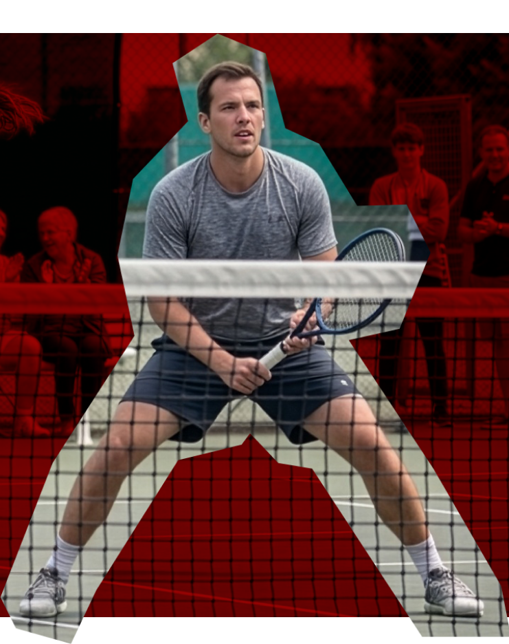 Ein Tennisspieler auf dem Platz, bereit zum Schlag, im Hintergrund Zuschauer und Tennisnetz sichtbar.