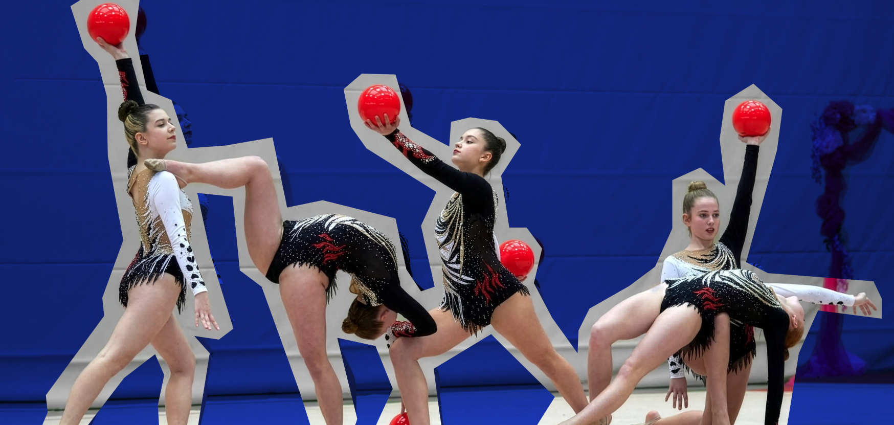 Vier Sportlerinnen in bunten Gymnastikanzügen führen verschiedene Übungen aus.