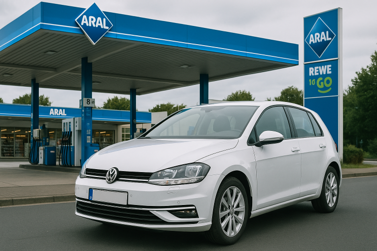 Ein Auto parkt vor einer Aral-Tankstelle
